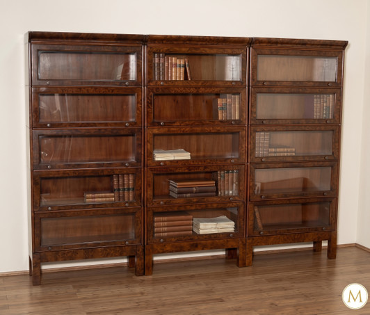 Mahogany & Mappa Burl 3 Section Bunching Barrister Bookcase w/ Leaded Glass