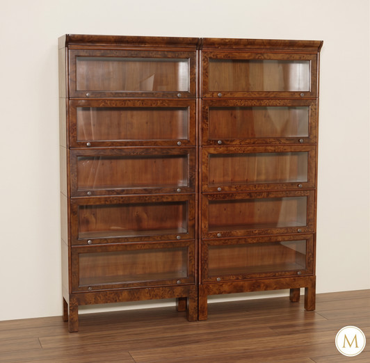 Mahogany Mappa Burl 2 Section Bunching Barrister Bookcase w/ Leaded Glass