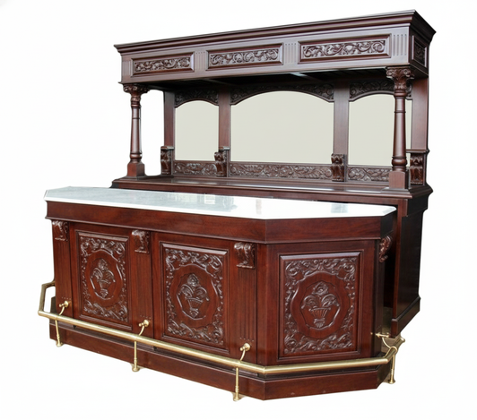 8ft Mahogany Victorian Marble Top Pub Bar w Rails