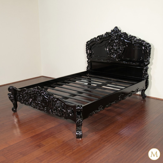 Glossy Black French Rococo Carved Panel Bed