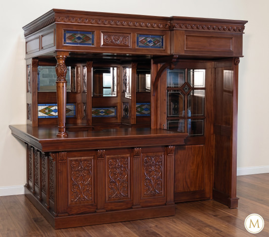 8.5ft Mahogany Walk-in Canopy Pub Bar w/ Stained Glass Ceiling