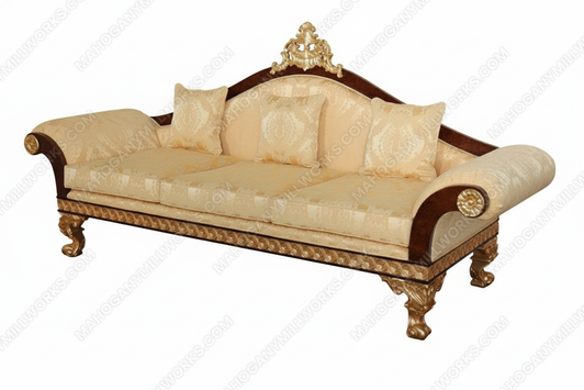 Dark Burl Gold Leaf Traditional Upholstered Sofa w/ Pillows