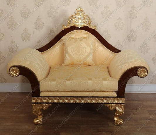 Dark Burl Gold Leaf Traditional Upholstered Chair w/ Pillow