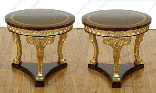 Dark Burl Inlay & Gold Leaf Round End Tables (2)