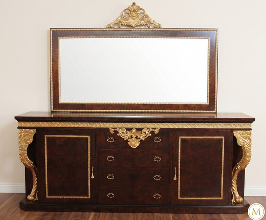 Dark Burl & Gold Leaf Fancy Lebois Inlay Sideboard w/ Mirror
