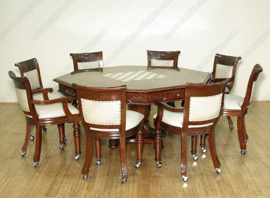 9pc Octagonal Chess/Poker Game Table Set w/ 8 Leather Chairs