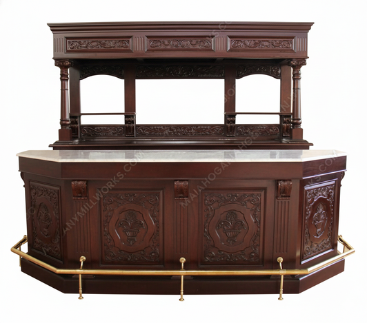 9ft Mahogany Victorian Pub Bar w/ Marble Top & Rails