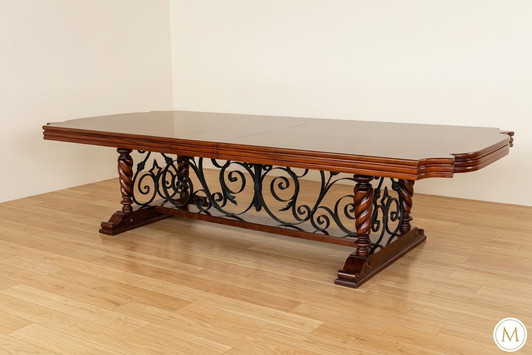 10ft Jacobean Marquetry Inlay Dining or Conference Table w/ Decorative Iron base