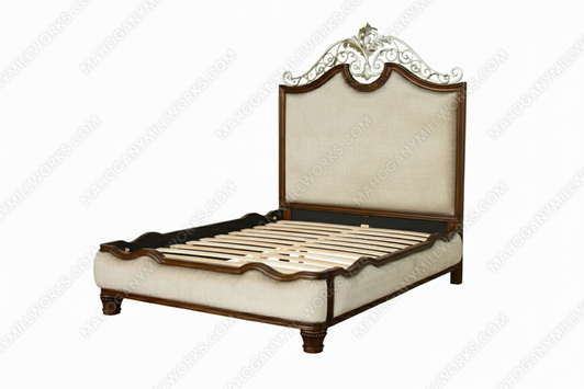 Solid Mahogany Panel Bed with Iron Accent and Fabric Upholstery