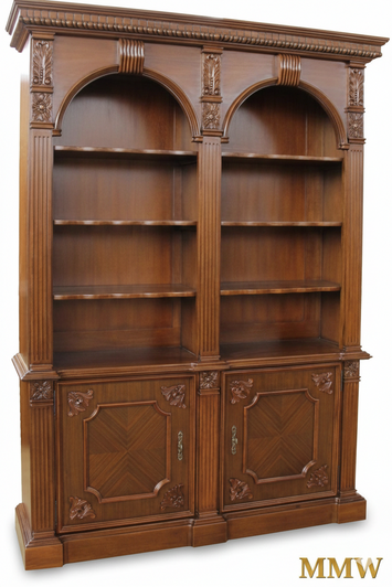 Solid Mahogany Double Arched Open Bookcase with Cabinets