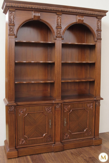 Solid Mahogany Double Arched Open Bookcase with Cabinets
