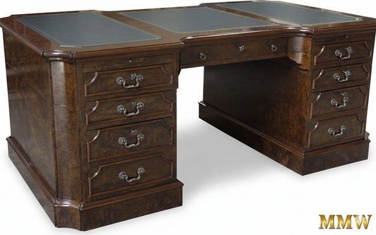 Mappa Burl Inlay Pedestal Desk with Green Leather Top