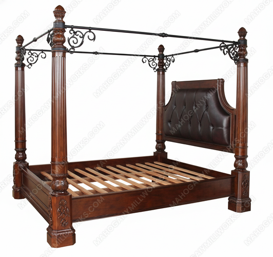 Light Walnut Eastern King Poster Canopy Bed w/ Genuine Leather