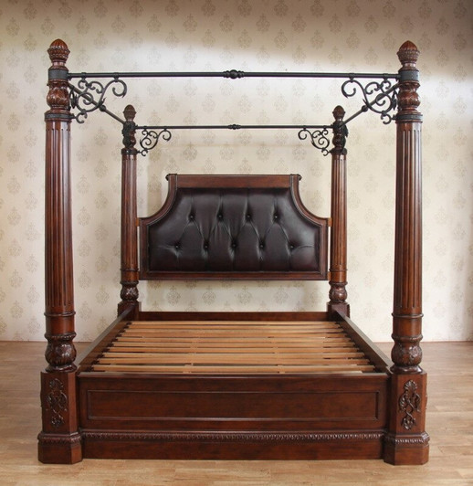 Mahogany/Iron Eastern King Poster Canopy Bed w/ Genuine Leather