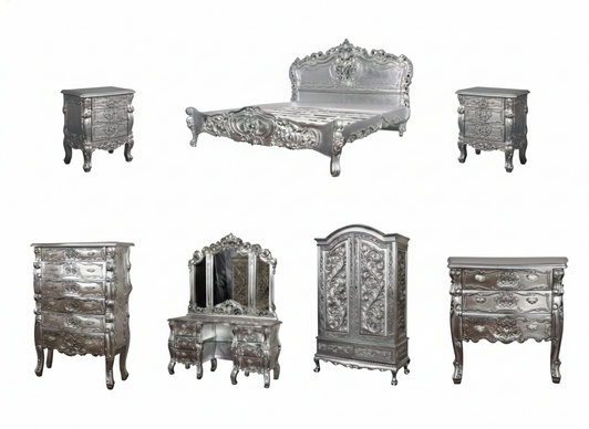 9pc Silver Leaf Rococo Bedroom Set