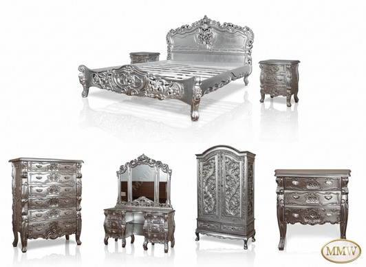 9pc Silver Leaf Rococo Bedroom Set