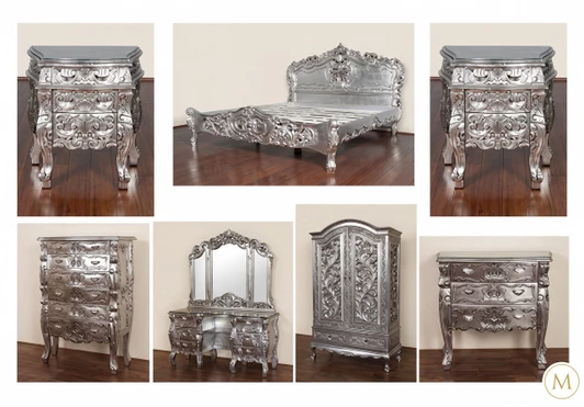 9pc Silver Leaf Rococo Bedroom Set