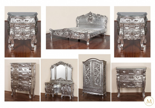 9pc Silver Leaf Rococo Bedroom Set
