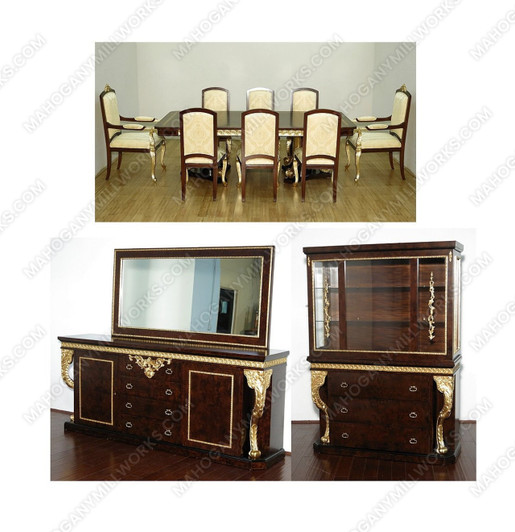 12Pc Dark Burl Inlay & Gold Dining Set