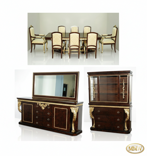 12pc Dark Burl & Gold Leaf Dining Set