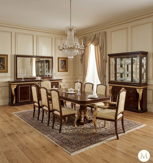 12pc French Burl Mahogany/Gold Marquetry Dining Set
