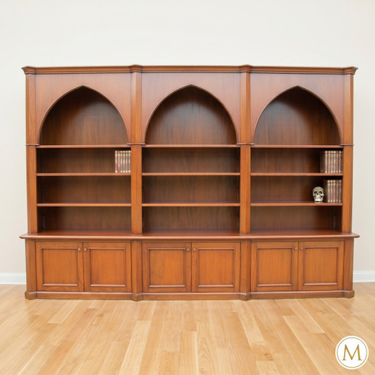 11ft Mahogany Gothic Style Triple Bay Bookcase with Arched Open Shelves and Storage Base