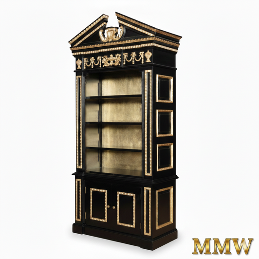 Black and Gold French Empire Pediment Bookcase