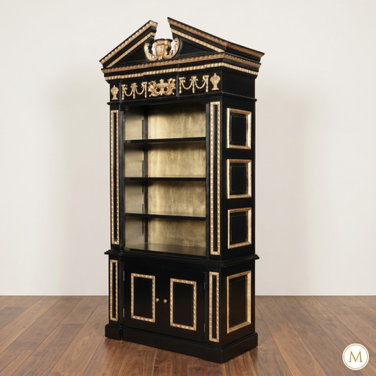 Black and Gold French Empire Pediment Bookcase