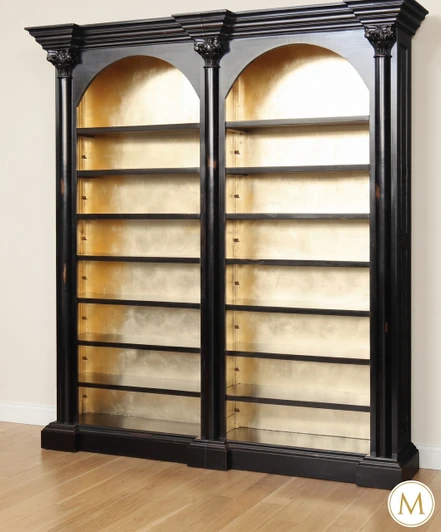 Black Empire Arched Double Bookcase with Gilt Interior
