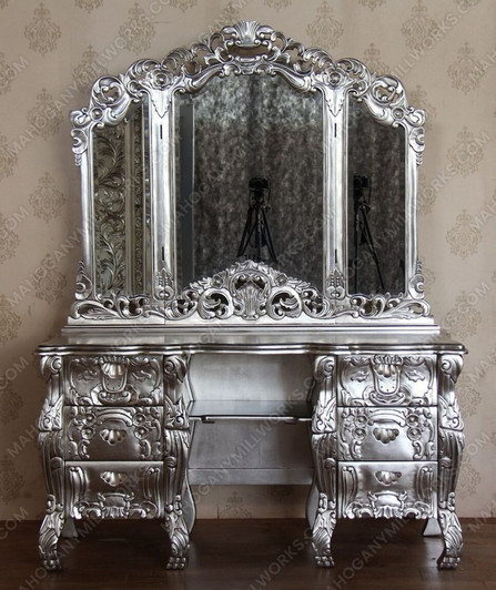 Silver Leaf Rococo Dressing Table w Trifold Mirror
