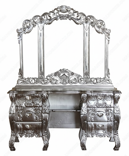 Silver Leaf Rococo Dressing Table w Trifold Mirror