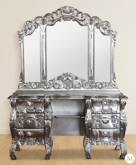 Silver Leaf Rococo Dressing Table w Trifold Mirror