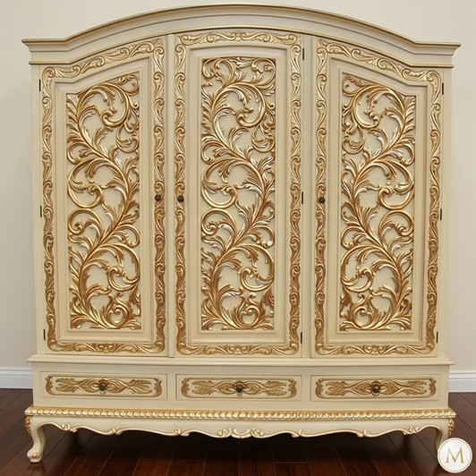 6.5ft Cream/Gold 3-Door Rococo Wardrobe