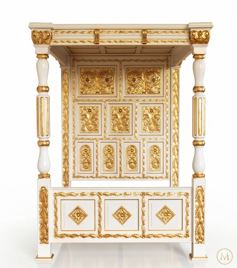 Ornate Antique Cream/Gold Four Post Canopy Bed