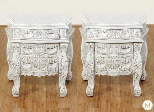 Antiqued White Rococo Nightstands / Bedside Tables Pair (2)