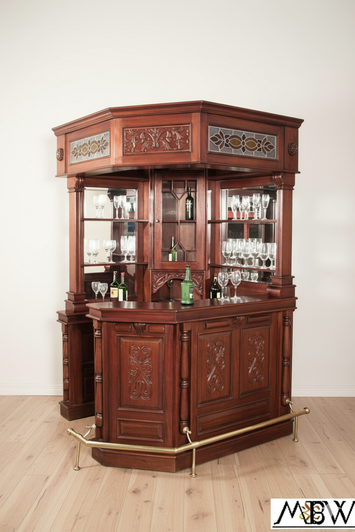 Mahogany Victorian Corner Canopy Pub Bar w/ Stained Glass