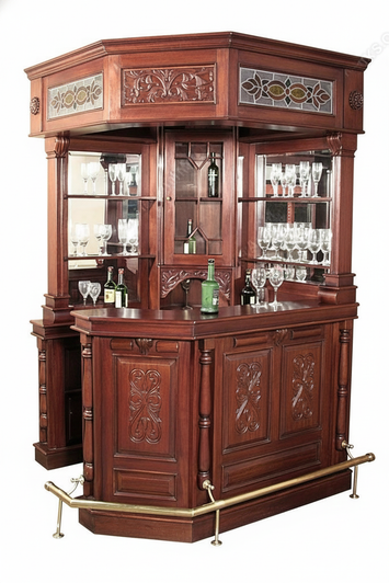 Mahogany Victorian Corner Canopy Pub Bar w/ Stained Glass