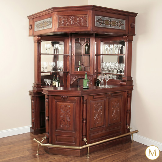 Mahogany Victorian Corner Canopy Home Bar w/ Stained Glass