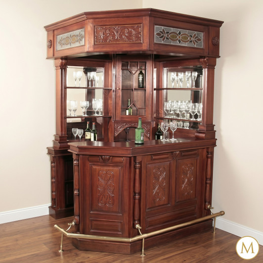 Mahogany Victorian Corner Canopy Home Bar w/ Stained Glass