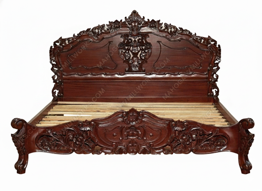 Cherry French Rococo Carved Panel Bed