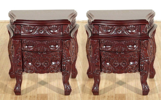 Pair of 2 Cherry Rococo 3 Drawer Nightstands / Bedside Tables / Chests