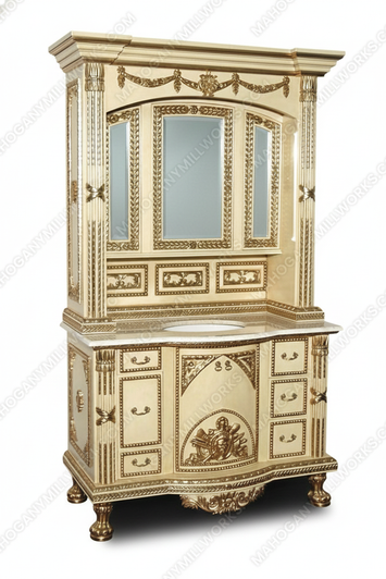 4.5Ft Antique Cream Bathroom Vanity Washstand w/ Medicine Cabinet