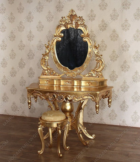 Gold Leaf French Rococo Make-up Vanity w/ Stool
