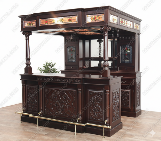 7ft Dark Mahogany Canopy Pub Bar w/ Stained Glass