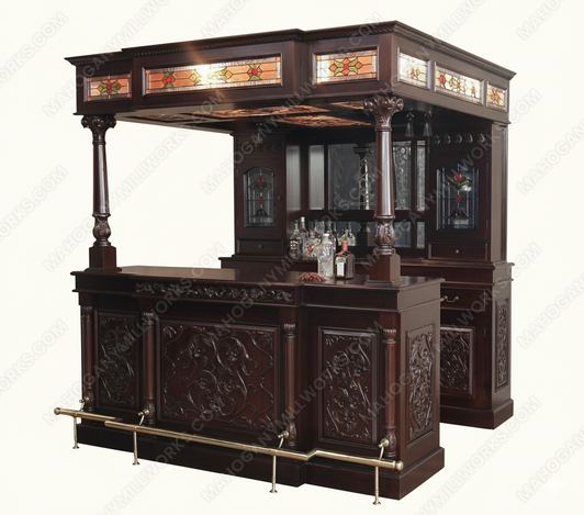 7ft Dark Mahogany Canopy Pub Bar w/ Stained Glass