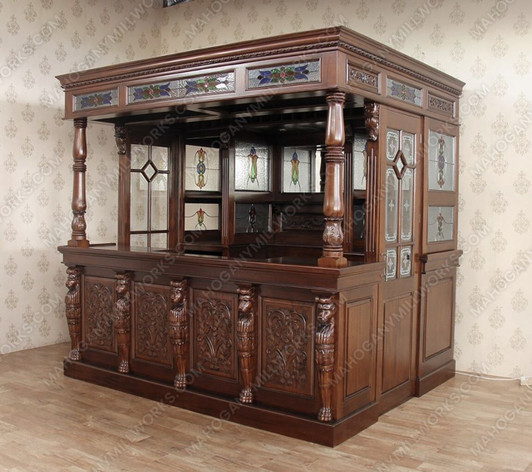 8.5ft Mahogany Canopy Pub Bar w/ Leaded Stained Glass Doors