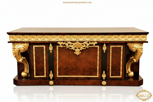 French Empire Dark Burl & Gold Executive Office Desk