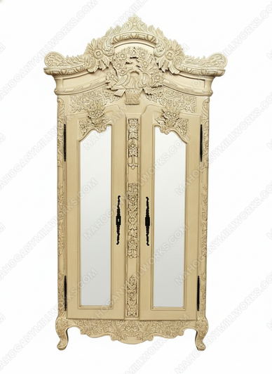 Antique Cream French Rococo Ornate Cabinet w/ Mirrors
