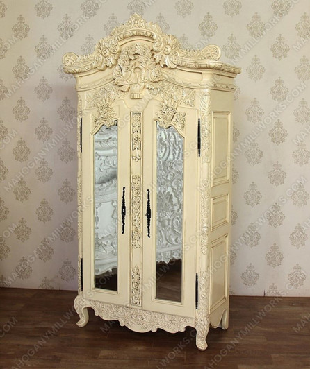 Antique Cream French Rococo Ornate Cabinet w/ Mirrors
