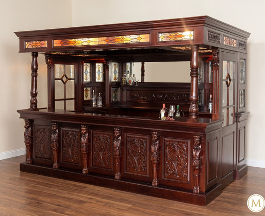 11ft Dark Mahogany Canopy Pub Bar w/ Lead Stained Glass Doors
